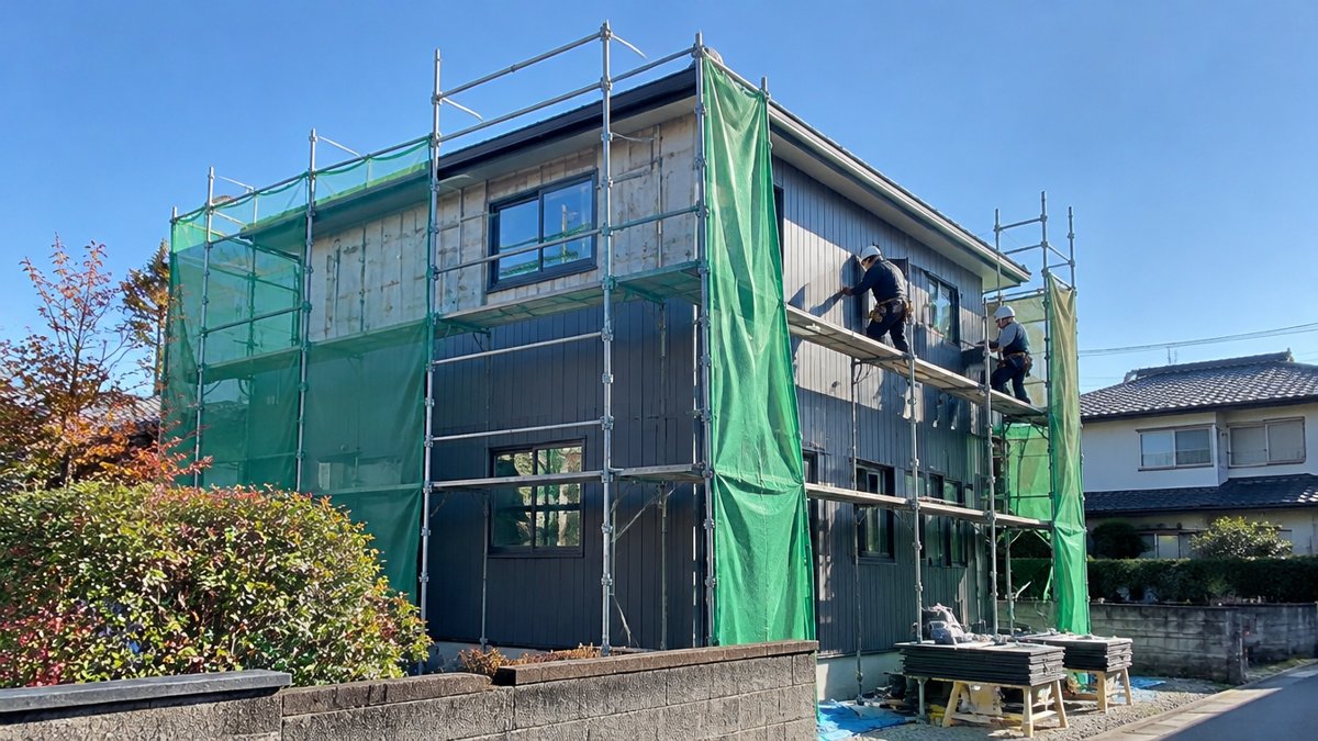 足場とメッシュシートに囲まれた住宅で外壁にグレーの金属サイディングを張る外壁カバー工法のイメージ