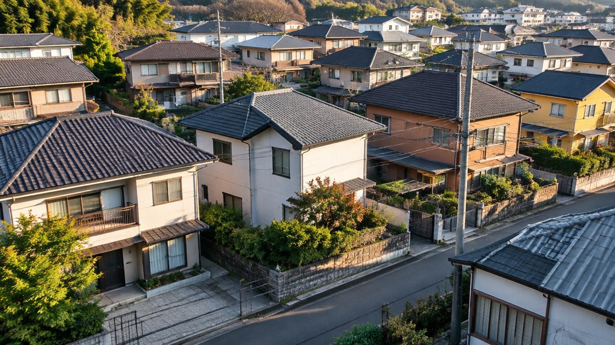 戸建て住宅が並ぶ落ち着いた住宅街の俯瞰