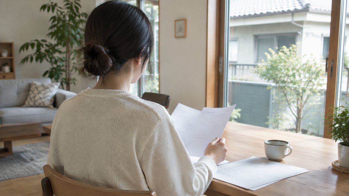 書類を読む人の後ろ姿と窓の外の住宅