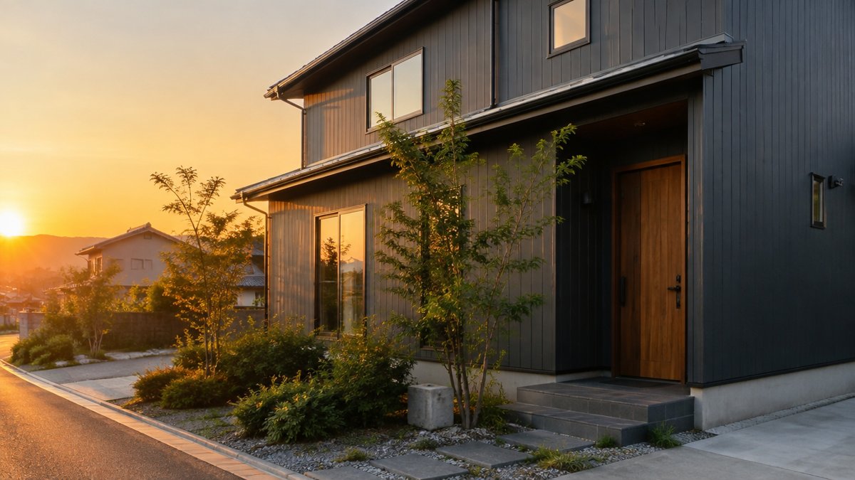 夕方の光に照らされた濃いグレーの金属サイディングの住宅