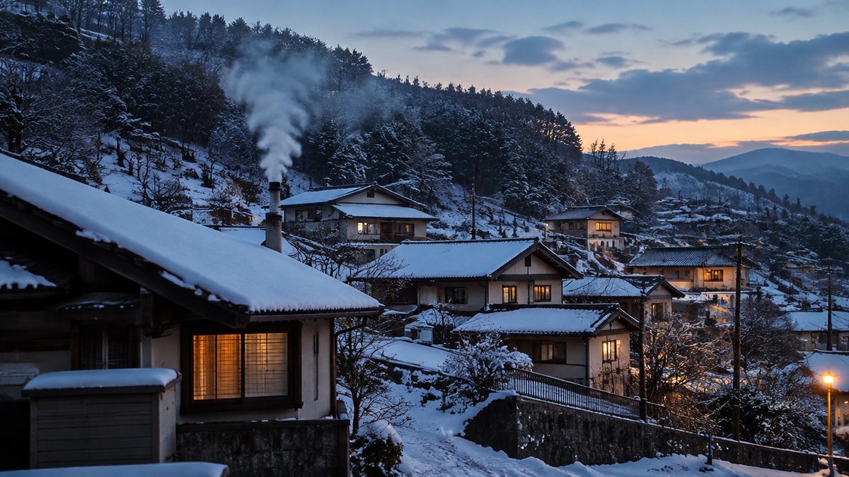 雪の降る街の住宅と煙突の煙
