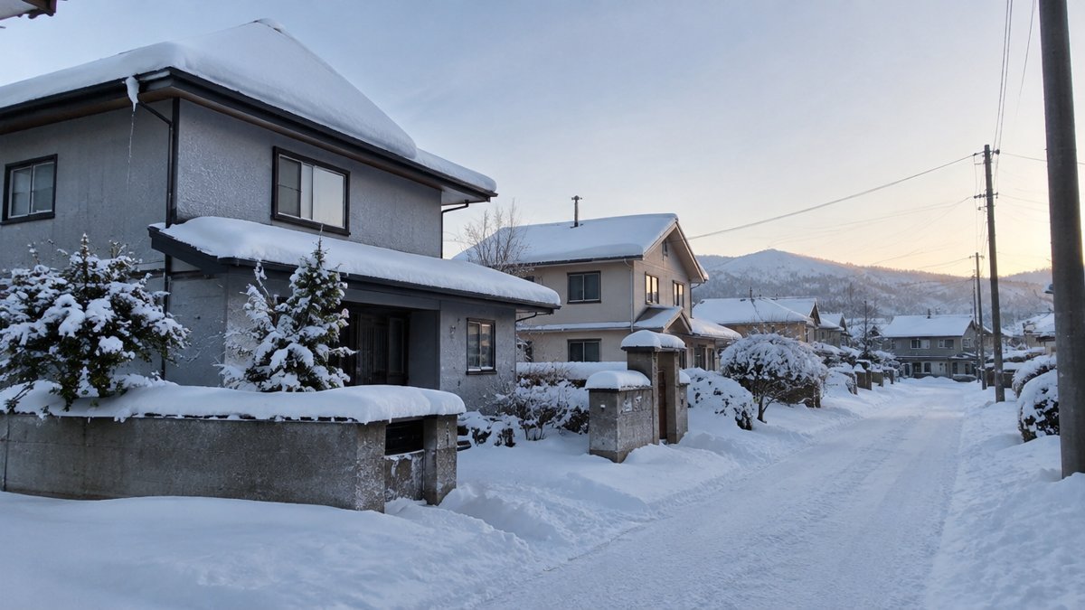 雪に覆われた北海道の住宅地の朝の様子（寒冷地の外壁断熱のイメージ）