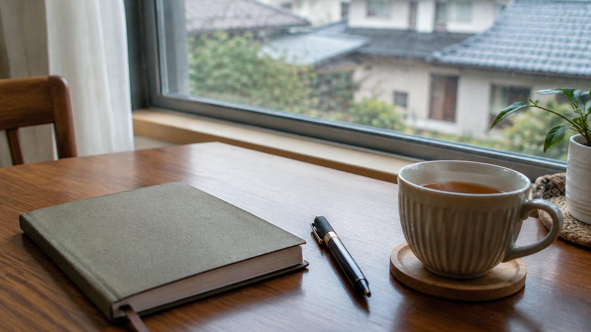 二重窓のそばのノートと温かいお茶（よくある質問のイメージ）