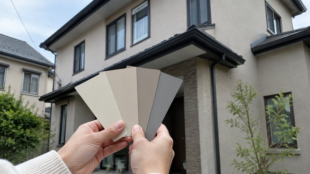 住宅の外壁に当てて外壁の色を比べる、ベージュとグレー系の色見本カードを持つ手元