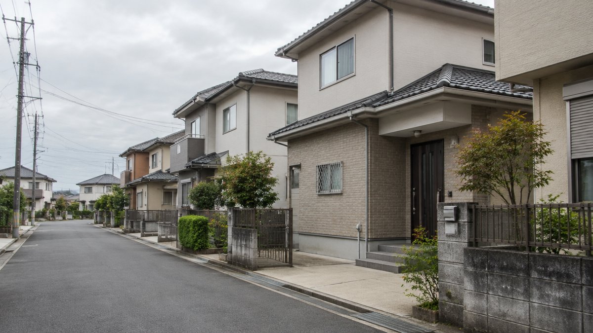 落ち着いたベージュやグレーの外壁が並ぶ住宅街の道路