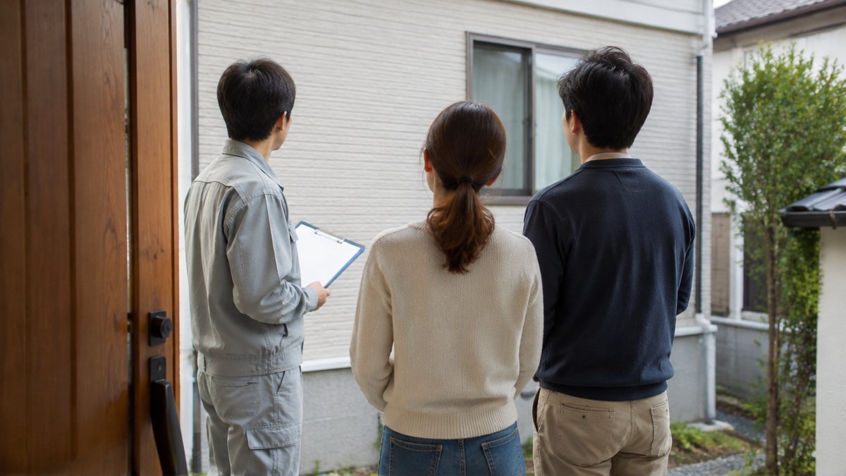 玄関先で外壁を見ながら作業着の担当者と相談する夫婦の後ろ姿