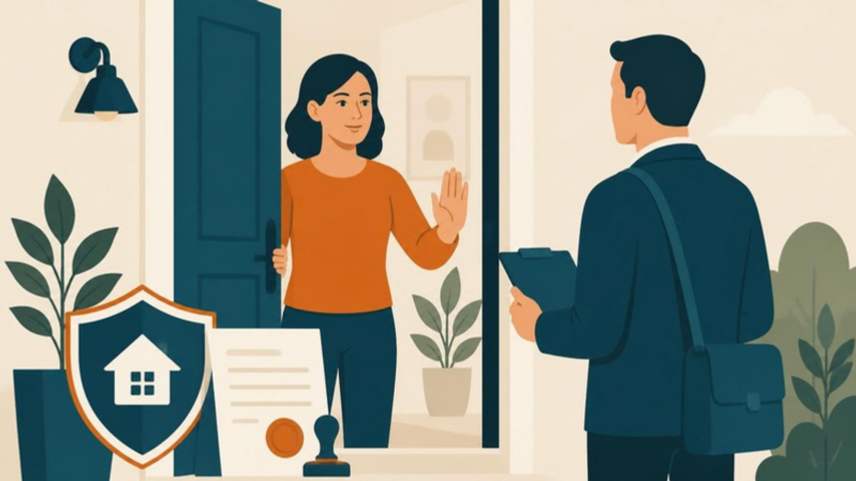 外壁塗装の助成金を口実にした訪問勧誘を玄関先で断るイメージのイラスト