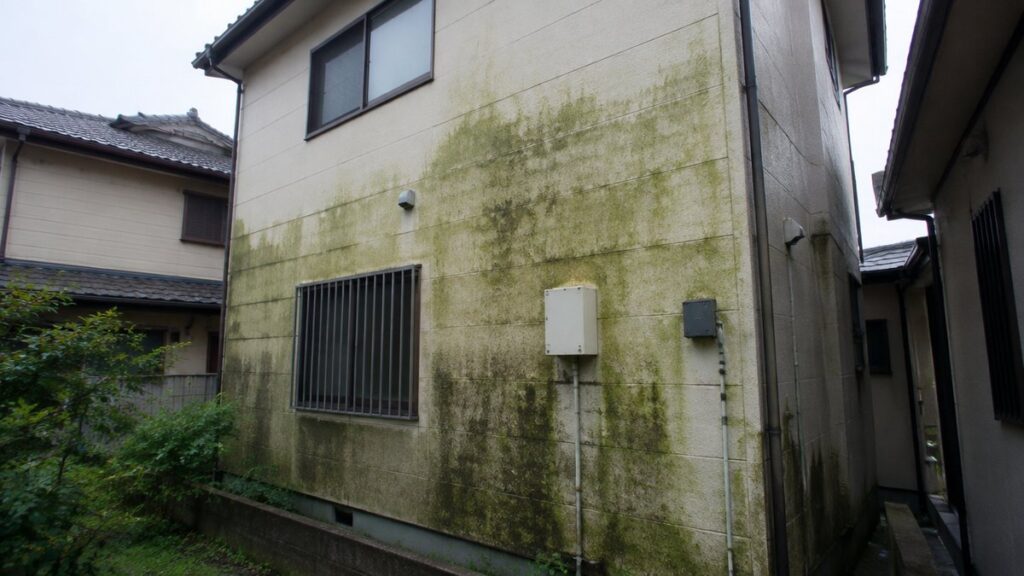 外壁の日陰側に苔や藻の緑色の汚れが広がった住宅の外観