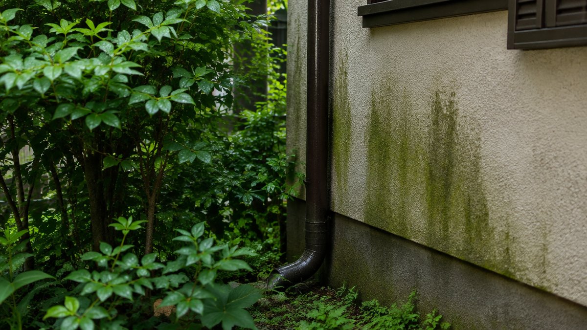 植え込みと雨樋のそばで湿った外壁に緑の汚れが筋状に出ている様子