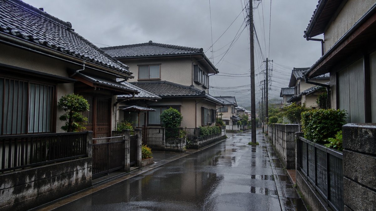 雨に濡れた住宅街の通り（降水量や湿度の違いを考えるイメージ）