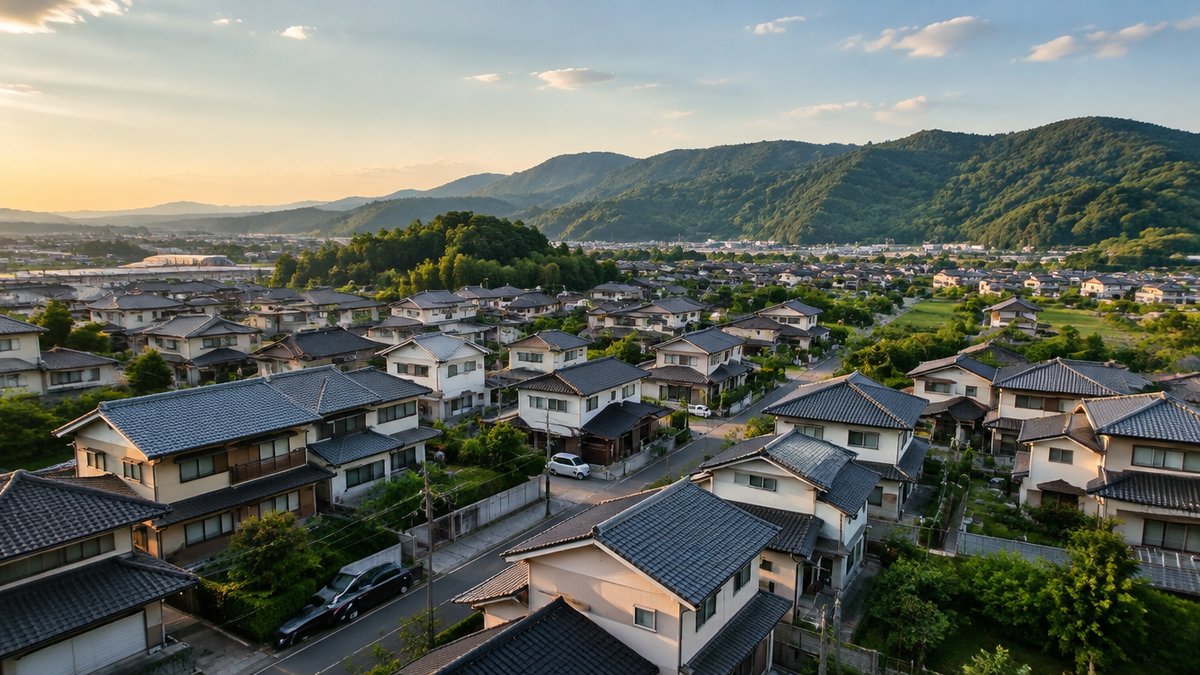丘陵を背にした住宅街を上から見た風景（地域ごとの気候のイメージ）