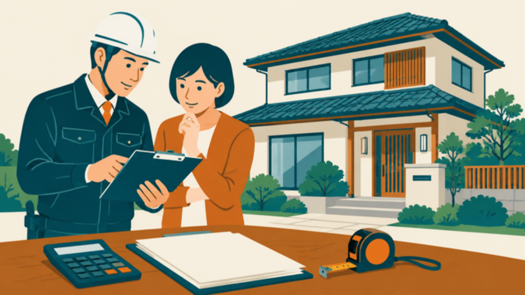 外壁塗装の見積もりを相談する住宅所有者と施工担当者のイラスト