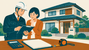 外壁塗装の見積もりを相談する住宅所有者と施工担当者のイラスト