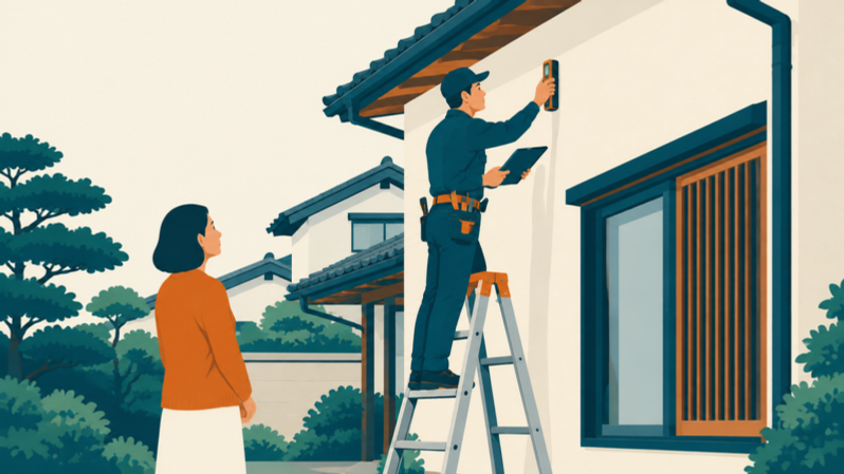 外壁の現地調査で劣化を確認する施工担当者のイラスト