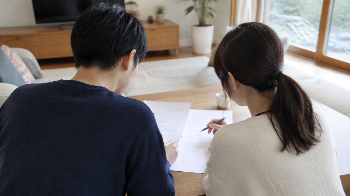 外壁塗装の業者選び：テーブルで契約書類を確認する夫婦の後ろ姿