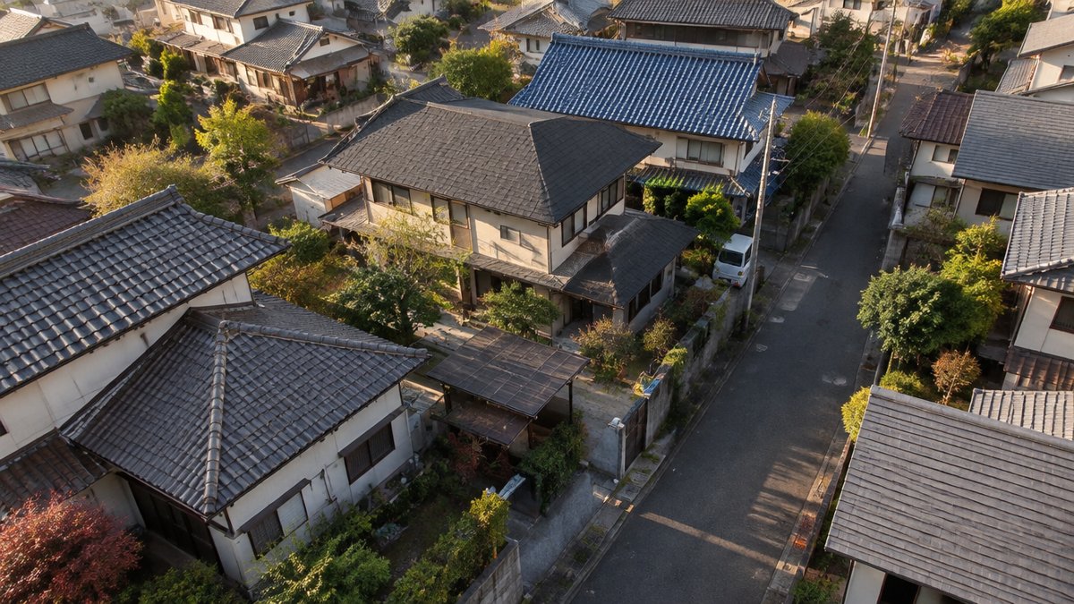 外壁塗装の業者選び：瓦屋根が並ぶ住宅街を上空から見た風景
