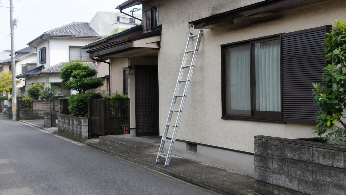 遠くに見える住宅の外壁に立てかけられたはしご