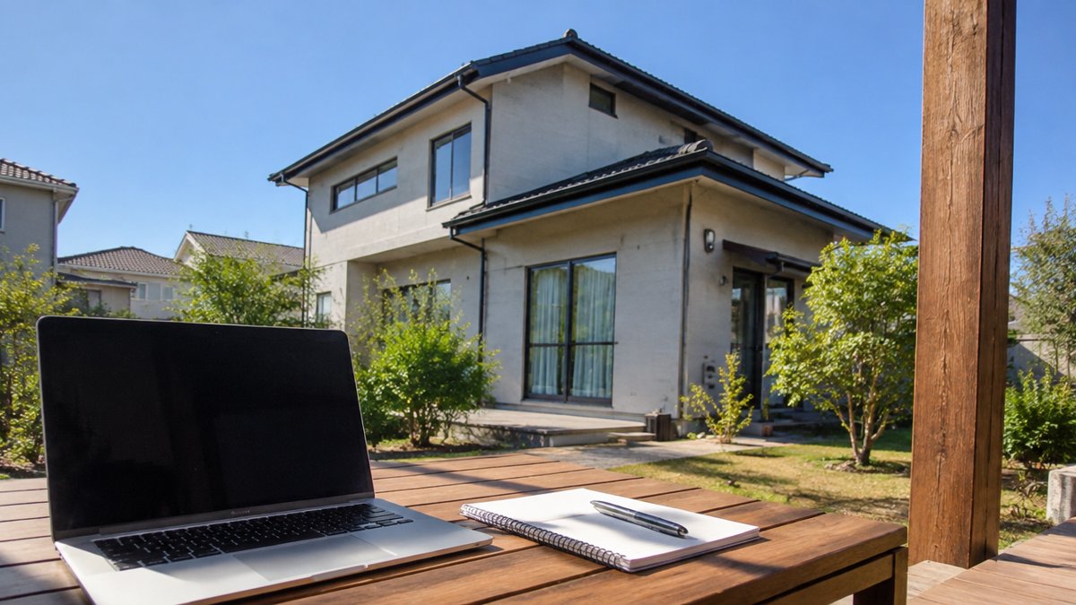 外壁塗装の一括見積もり：二階建て住宅の前でノートパソコンとノートを広げた様子