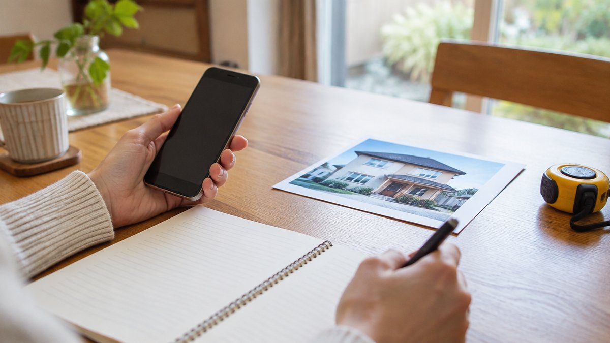 外壁塗装の一括見積もり：スマートフォンとノートを手に、住宅の写真を前にして情報を整理する手元