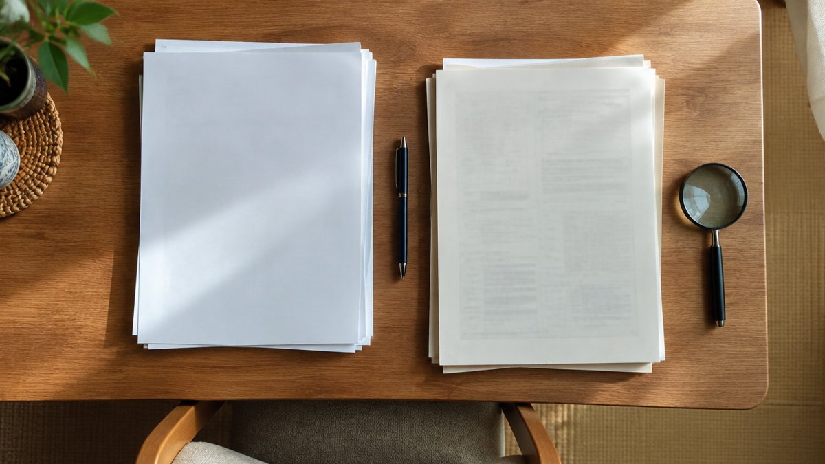外壁塗装の一括見積もり：2つの書類の束とルーペを並べた机の上
