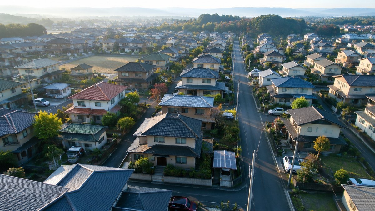 外壁塗装の地域情報：朝の住宅街を上空から見た景色