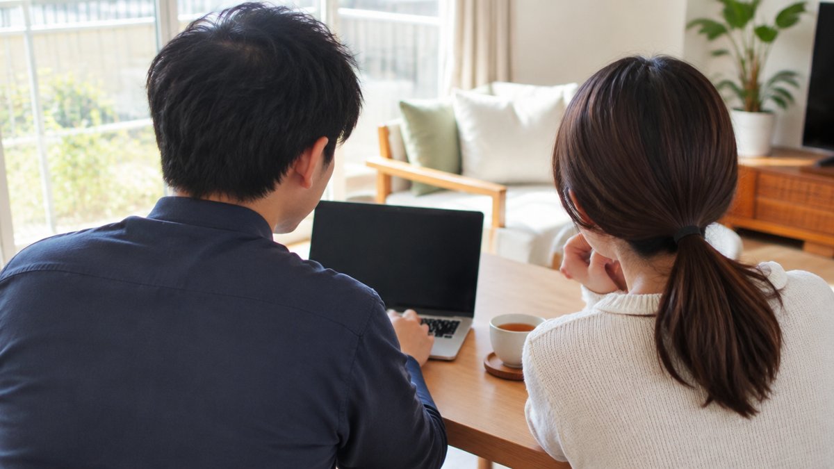 外壁塗装の一括見積もりの疑問：ノートパソコンを前に相談する夫婦の後ろ姿