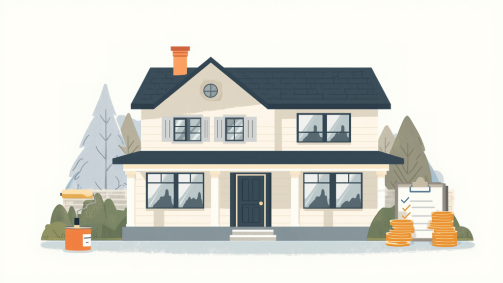 外壁塗装の助成金を表す住宅・チェックリスト・硬貨のイラスト