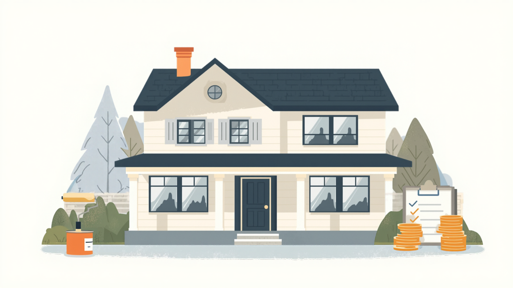 外壁塗装の助成金を表す住宅・チェックリスト・硬貨のイラスト
