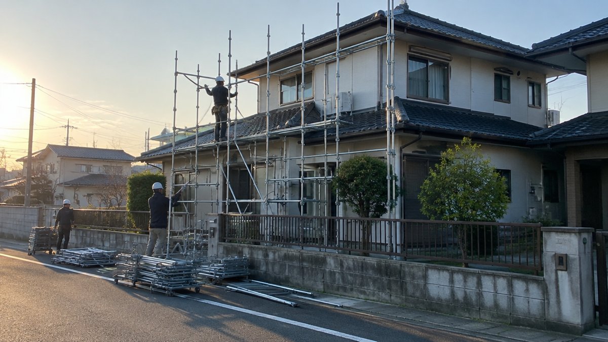 住宅の脇で職人が足場を組み立てている様子（外壁塗装の工期の最初の工程）