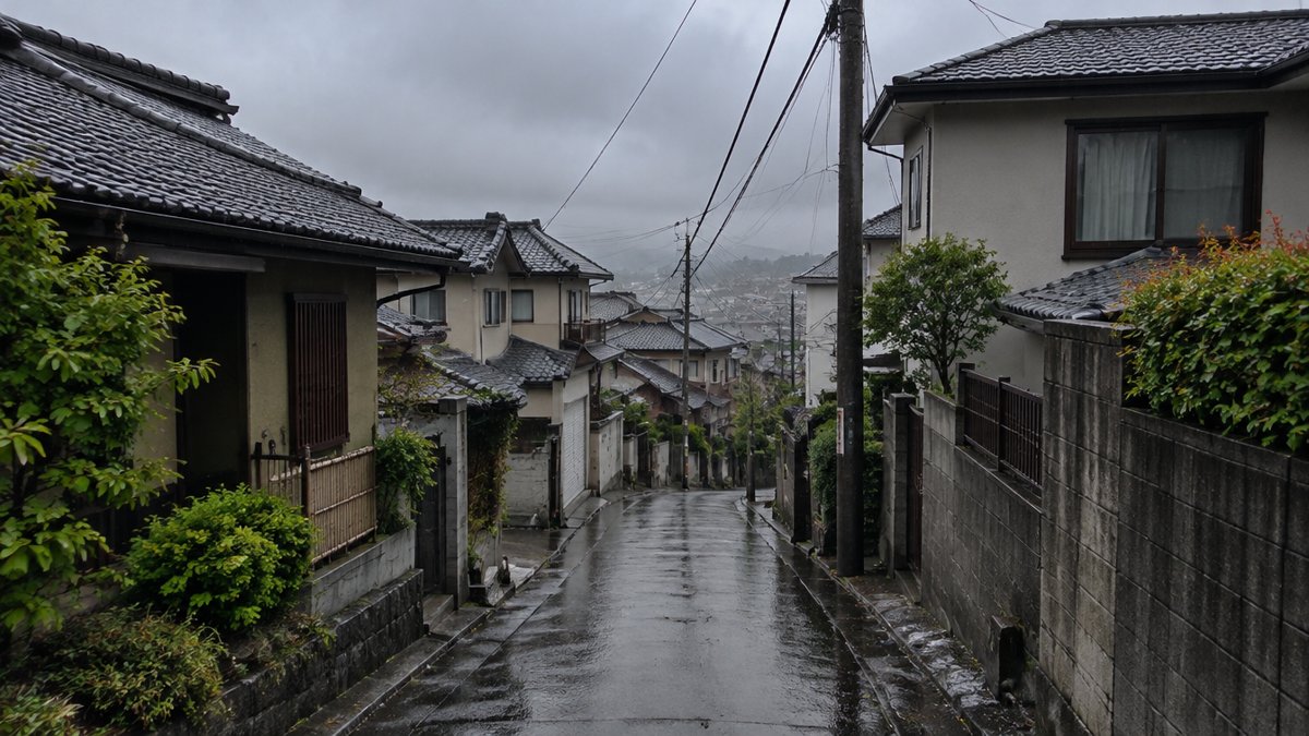 雨に濡れた住宅街の路地（雨天で塗装が延びる地域差のイメージ）