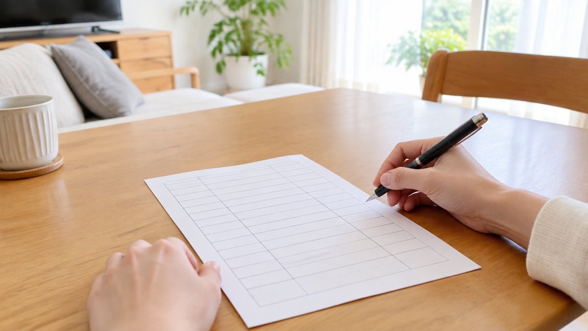工程表の用紙にペンで書き込む手元（工期と延期の取り決めのイメージ）