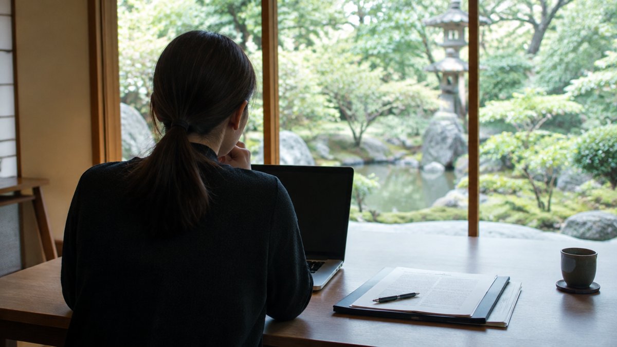窓辺で書類を前に相談内容を考える後ろ姿（外壁塗装の工期に関する質問のイメージ）