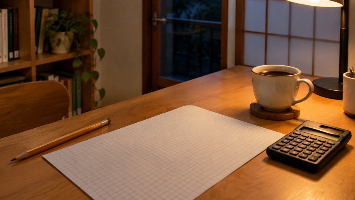 鉛筆と方眼紙と電卓が置かれた夜の机。ローンの返済額を試算するイメージ