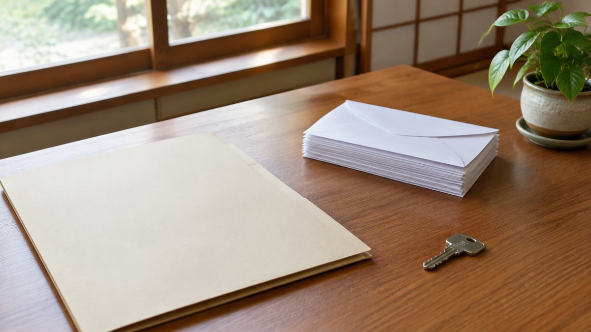 書類フォルダと封筒と家の鍵が置かれた机。住宅ローン減税の条件を確認するイメージ