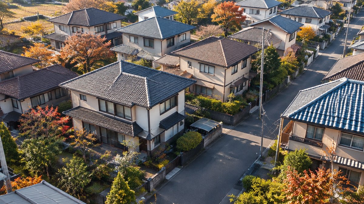 秋の住宅街を上から見た風景。お住まいの地域の制度を調べるイメージ