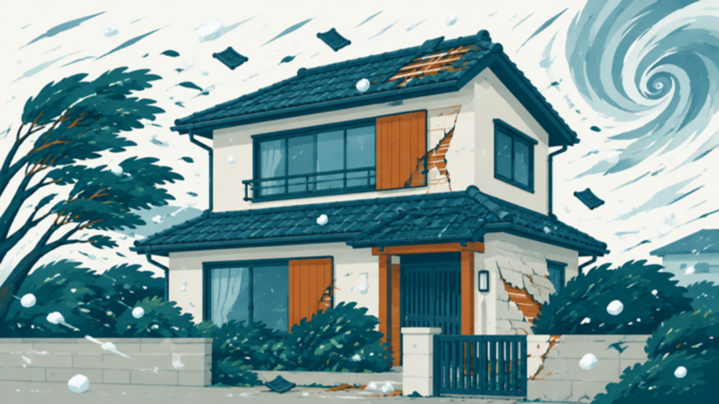 台風や雹などの自然災害で外壁と屋根が傷んだ住宅のイラスト（外壁塗装と火災保険）
