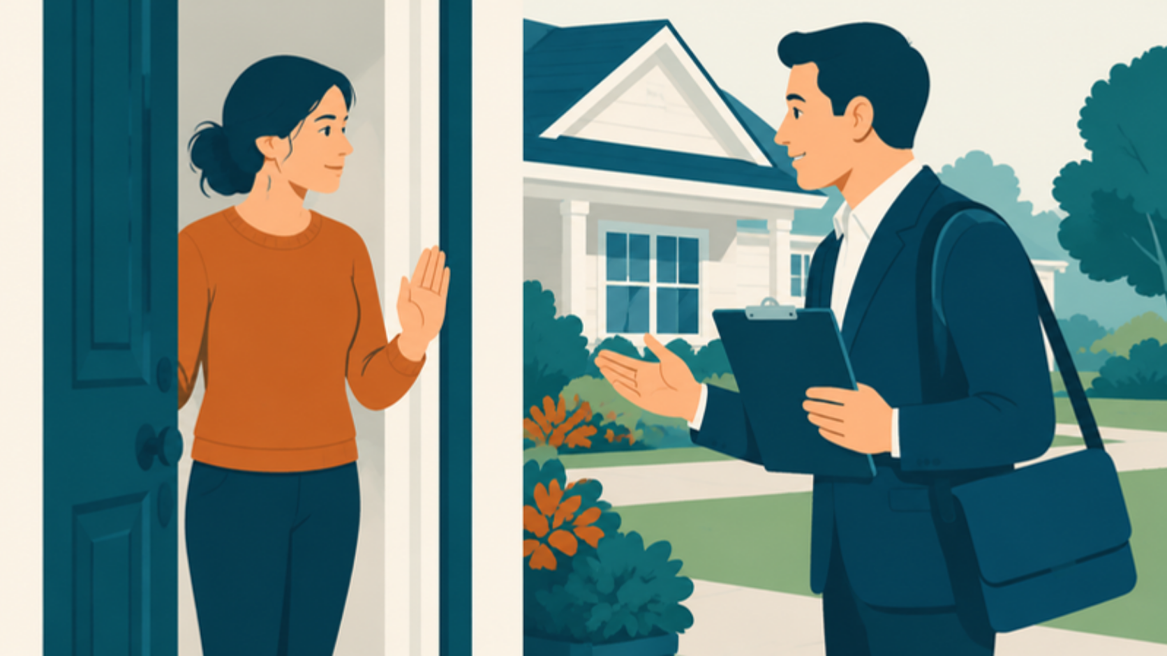 訪問してきた業者を玄関先で断る住人のイラスト(火災保険が使えると勧誘する業者への対応)